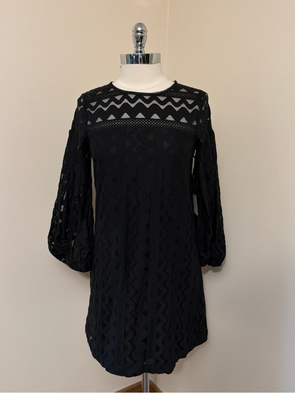 Laundry by Shelli Segal Black Zig Zag Patterned Sheer Balloon Sleeve Dress Sz 4